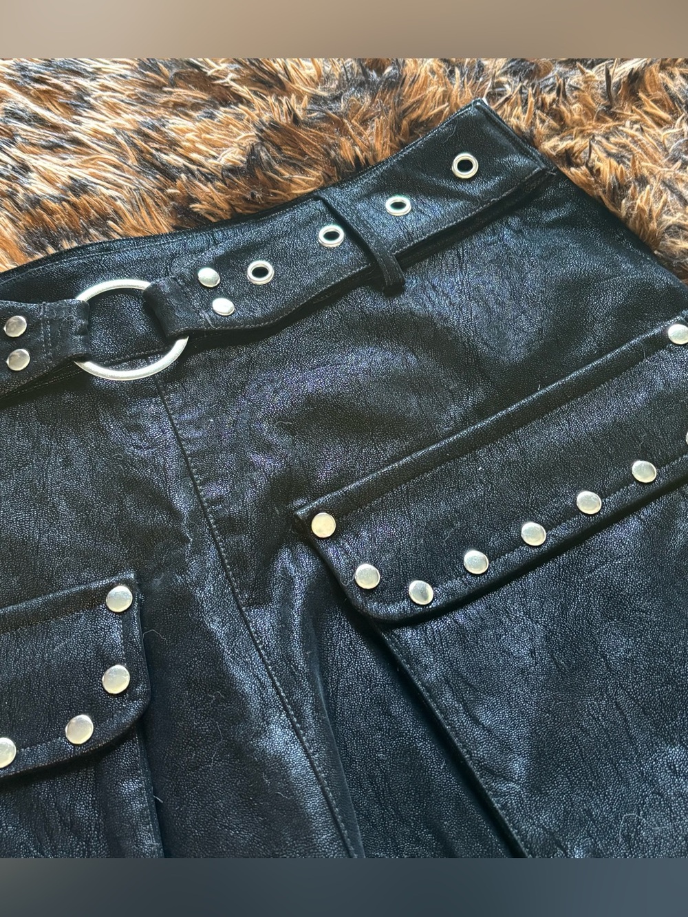 Black Faux Leather Mini Skirt with Studded Pockets & Belt